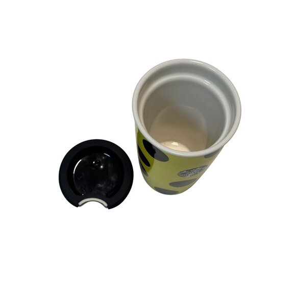 STARBUCKS 12 oz Ceramic Tumbler Travel Cup & Lid Yellow w/ Black Polka Dots 2015 - Picture 5 of 5